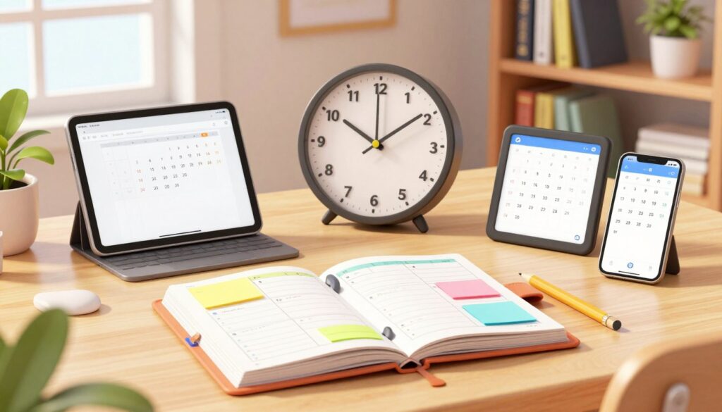 A neatly organized workspace featuring various tools for time management. In the foreground, a vibrant planner open to a weekly layout, with colorful sticky notes and a pencil positioned for easy access. Several sleek digital devices, like a tablet and smartphone, are displaying calendar apps. In the middle ground, an elegant clock with a minimalist design serves as a focal point, symbolizing time management. A soft, warm light filters in from a nearby window, creating an inviting atmosphere. The background showcases a well-stocked bookshelf with educational resources and decorative plants, enhancing the productive vibe of the scene. The mood is focused and inspiring, ideal for teachers aiming to maximize their planning efficiency.