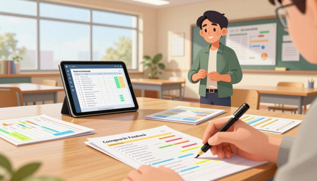 A professional educator in smart casual attire stands confidently at a sleek wooden table cluttered with colorful rubrics and assessment charts. In the foreground, a close-up of a hands-on evaluation form with colorful markers and notes, emphasizing clarity and organization. The middle ground features a digital tablet displaying an interactive rubric interface, highlighting its user-friendly design. The background reveals a bright, modern classroom with large windows, casting warm, inviting natural light. The atmosphere is focused and collaborative, with charts and diagrams on the walls illustrating the concept of consistent feedback. The overall mood conveys professionalism and dedication to student understanding, perfect for visualizing the implementation of effective rubric feedback in educational settings.