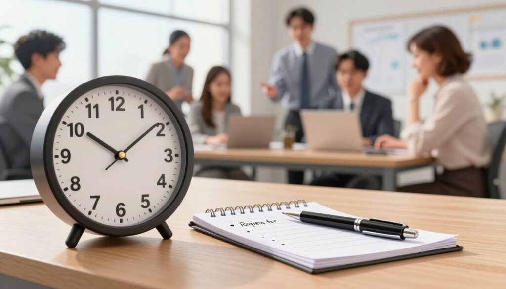 A professional office desk set in a well-lit environment, illuminated by soft, natural light streaming through a large window. In the foreground, a clock showing different time zones symbolizes the concept of time. In the middle, a notepad with neatly written bullet points about requests for extensions, alongside a sleek pen. In the background, blurred images of enthusiastic coworkers collaborating and discussing ideas, conveying a sense of urgency and teamwork. The overall mood is focused yet optimistic, suggesting the importance of timing and strategic thinking in professional settings. Use a depth of field effect to emphasize the clock and notepad, capturing a moment of contemplation and decision-making.