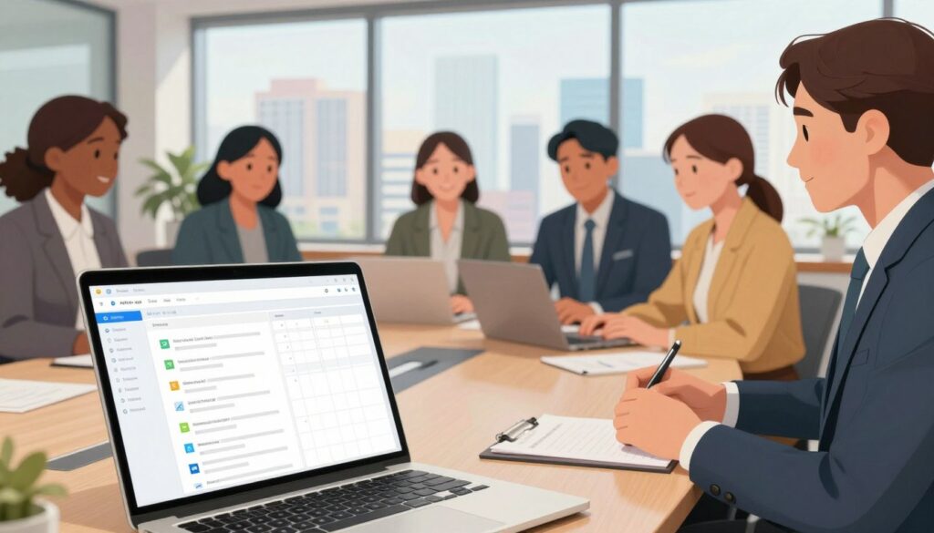 A professional office environment depicts a diverse group of individuals in business attire, focused on a cohesive follow-up system for communication. In the foreground, a close-up of a sleek laptop displays an organized digital task manager with email drafts and calendars visible. The middle ground features people engaged in discussion around a stylish conference table, with their expressions showing collaboration and trust. In the background, a large window reveals a bright, inviting cityscape under soft, natural lighting, creating a warm, motivating atmosphere. The scene conveys a sense of professionalism, consistency, and effective communication, emphasizing the importance of follow-up in building relationships. The overall mood is positive and energetic, highlighting teamwork and the power of regular updates.