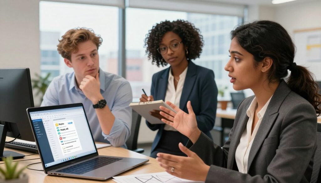 A professional office environment featuring a diverse group of three individuals engaged in a discussion around email etiquette. In the foreground, a South Asian woman in a smart blazer is actively explaining points with an expressive hand gesture. To her left, a Caucasian man in a collared shirt is nodding thoughtfully, with an open laptop showcasing a cluttered inbox on the screen, hinting at the concept of “Reply vs Reply All.” In the background, a Black woman in a business dress is taking notes, emphasizing attention to detail in communication. The lighting is bright and focused, creating a warm and inviting atmosphere. A large window in the background offers a view of a cityscape, adding depth. The angle is slightly elevated, offering a clear view of their engaged expressions and the collaborative nature of the scene.