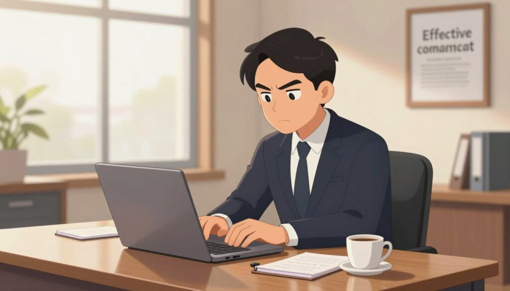 A professional office environment with a polished wooden desk in the foreground, showcasing a neatly arranged laptop, a notepad, and a cup of coffee. In the middle ground, a focused individual wearing business attire, such as a tailored suit, is seated at the desk, typing intently on the laptop. Their expression conveys determination and professionalism. In the background, a large window with soft, natural daylight filters in, illuminating the space and creating a warm, inviting atmosphere. The walls are adorned with framed motivational quotes about effective communication and respect. The overall mood is one of seriousness and intent, emphasizing the importance of articulating a respectful complaint in a business context. A professional office environment with a polished wooden desk in the foreground, showcasing a neatly arranged laptop, a notepad, and a cup of coffee. In the middle ground, a focused individual wearing business attire, such as a tailored suit, is seated at the desk, typing intently on the laptop. Their expression conveys determination and professionalism. In the background, a large window with soft, natural daylight filters in, illuminating the space and creating a warm, inviting atmosphere. The walls are adorned with framed motivational quotes about effective communication and respect. The overall mood is one of seriousness and intent, emphasizing the importance of articulating a respectful complaint in a business context.