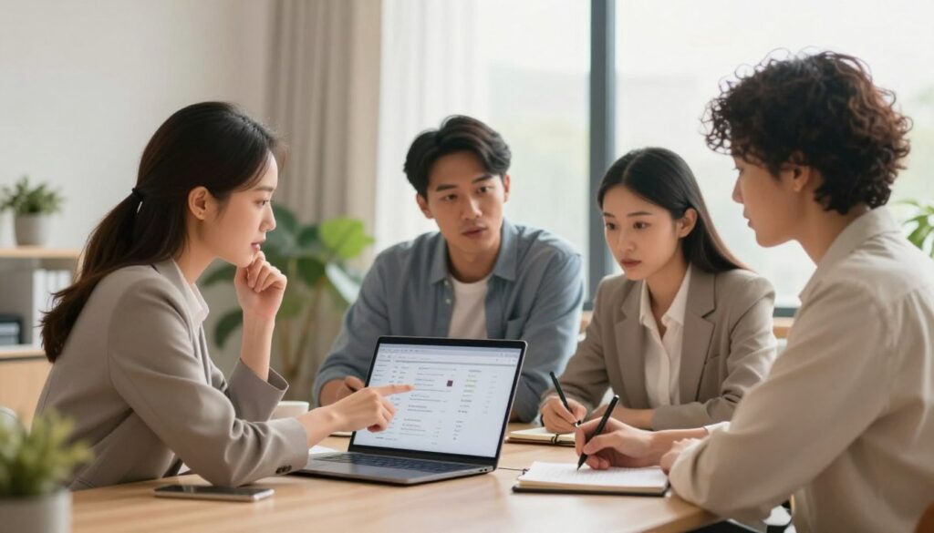 A professional office setting showcasing a diverse group of three individuals discussing options at a sleek conference table. In the foreground, a woman in business attire points thoughtfully at a laptop screen displaying various choices. In the middle, a man in smart casual attire leans forward, engaged and listening intently, while a second woman in professional attire takes notes with a focused expression. The background features a window with soft natural light streaming in, illuminating the room with a warm and inviting atmosphere. Neutral tones dominate, with pops of color from plants and office decor. The mood is calm and collaborative, emphasizing constructive communication and problem-solving. A shallow depth of field blurs the edges slightly, directing focus on the engaged discussion, while maintaining a professional elegance throughout the scene. A professional office setting showcasing a diverse group of three individuals discussing options at a sleek conference table. In the foreground, a woman in business attire points thoughtfully at a laptop screen displaying various choices. In the middle, a man in smart casual attire leans forward, engaged and listening intently, while a second woman in professional attire takes notes with a focused expression. The background features a window with soft natural light streaming in, illuminating the room with a warm and inviting atmosphere. Neutral tones dominate, with pops of color from plants and office decor. The mood is calm and collaborative, emphasizing constructive communication and problem-solving. A shallow depth of field blurs the edges slightly, directing focus on the engaged discussion, while maintaining a professional elegance throughout the scene.