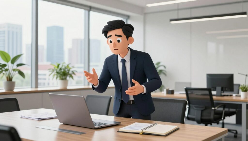 A professional person in a business suit, standing in a well-lit modern office, actively engaging in a conversation at a sleek conference table. The foreground features a laptop open with documents and a notepad. In the middle, the focus is on the individual gesturing confidently while making eye contact, displaying a sense of determination and professionalism. The background showcases large windows allowing natural light to stream in, revealing a vibrant city skyline. The atmosphere is focused and productive, with potted plants and minimalist decor adding a fresh touch. The angle is slightly elevated, capturing both the individual’s expression and the contemporary office environment to emphasize the importance of in-person communication.