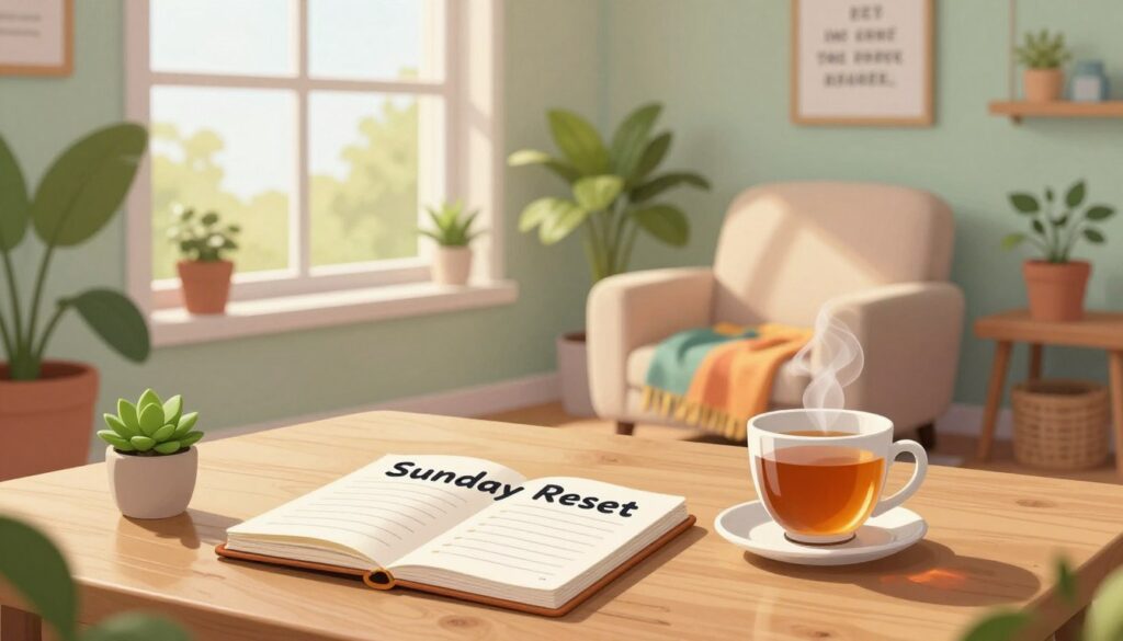 A serene Sunday morning scene representing a "Sunday Reset." In the foreground, a neatly arranged wooden table holds a planner, a steaming cup of herbal tea, and a small succulent plant. In the middle ground, soft sunlight filters through a large window, casting gentle shadows over a cozy reading nook featuring a plush armchair and a colorful throw blanket. The background features a peaceful room filled with green houseplants, pastel-colored walls, and motivational artwork. The atmosphere is calm and inviting, evoking a sense of productivity and relaxation. The lighting is warm and natural, creating a cozy ambiance. The perspective captures the essence of self-care and preparation, inviting viewers to envision their own Sunday Reset ritual.