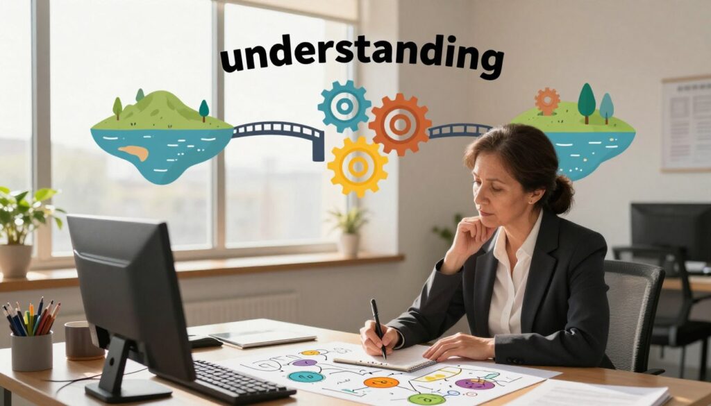 A serene and inspiring workspace embodies the concept of "understanding." In the foreground, a thoughtful person, a middle-aged woman dressed in professional attire, is jotting down notes at a desk, surrounded by colorful diagrams and mind maps. The middle ground features a large window with gentle sunlight streaming in, illuminating the space with a warm glow. In the background, abstract representations of metaphors, such as bridges connecting two islands and gears interlocking, symbolize the linking of ideas and concepts. Soft shadows deepen the atmosphere, creating a sense of focus and introspection. The overall mood is one of clarity and enlightenment, inviting viewers to explore the power of metaphors in grasping complex ideas.