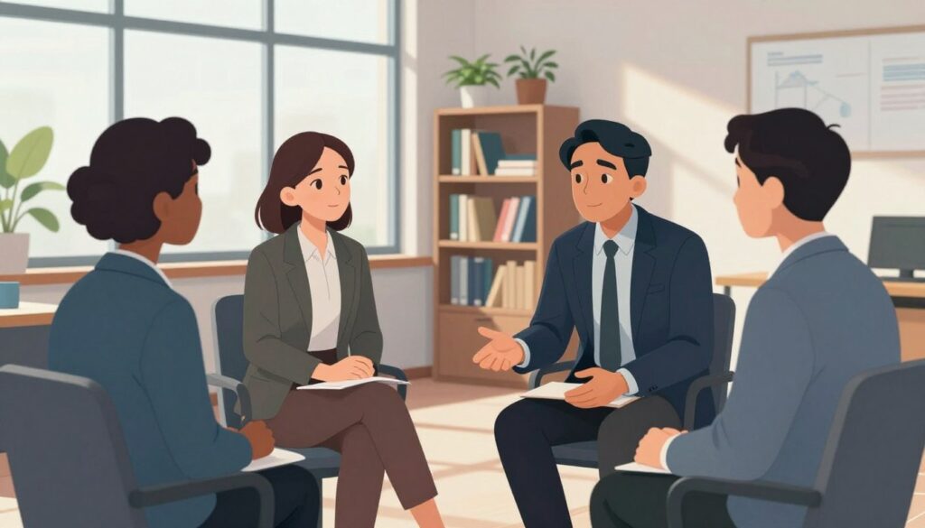 A serene and inviting office space, softly illuminated by natural light streaming through large windows. In the foreground, a diverse group of three professionals, dressed in smart business attire, are seated in a circular arrangement, engaging in a supportive conversation. One person is leaning slightly forward, attentively listening, while another gestures reassuringly, conveying empathy and understanding. In the middle background, a bookshelf filled with motivational books and plants adds a touch of warmth. The color palette features calming blues and greens, creating an atmosphere of trust and openness. The camera is positioned at eye level, focusing on the expressions of the individuals, capturing the essence of support without strain or discomfort.