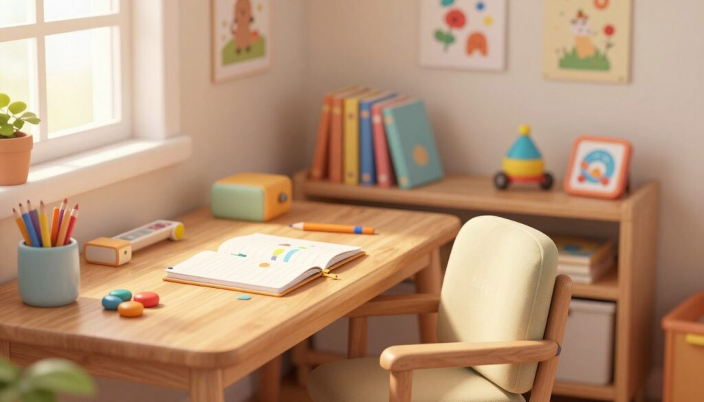 A serene and inviting study area designed for a child at home. Foreground: a wooden desk clutter-free, featuring a colorful notebook and a few cheerful stationery items. Middle: a cozy chair with soft cushions, and a small shelf with neatly organized books and educational toys. Background: a softly lit wall adorned with encouraging artwork and a small potted plant. The lighting should be warm and natural, emanating from a nearby window, creating a peaceful atmosphere. The lens angle is slightly tilted from above, providing an overview of the study space. The overall mood is calm, nurturing, and conducive to learning, inviting a sense of focus and creativity for the child. A serene and inviting study area designed for a child at home. Foreground: a wooden desk clutter-free, featuring a colorful notebook and a few cheerful stationery items. Middle: a cozy chair with soft cushions, and a small shelf with neatly organized books and educational toys. Background: a softly lit wall adorned with encouraging artwork and a small potted plant. The lighting should be warm and natural, emanating from a nearby window, creating a peaceful atmosphere. The lens angle is slightly tilted from above, providing an overview of the study space. The overall mood is calm, nurturing, and conducive to learning, inviting a sense of focus and creativity for the child.