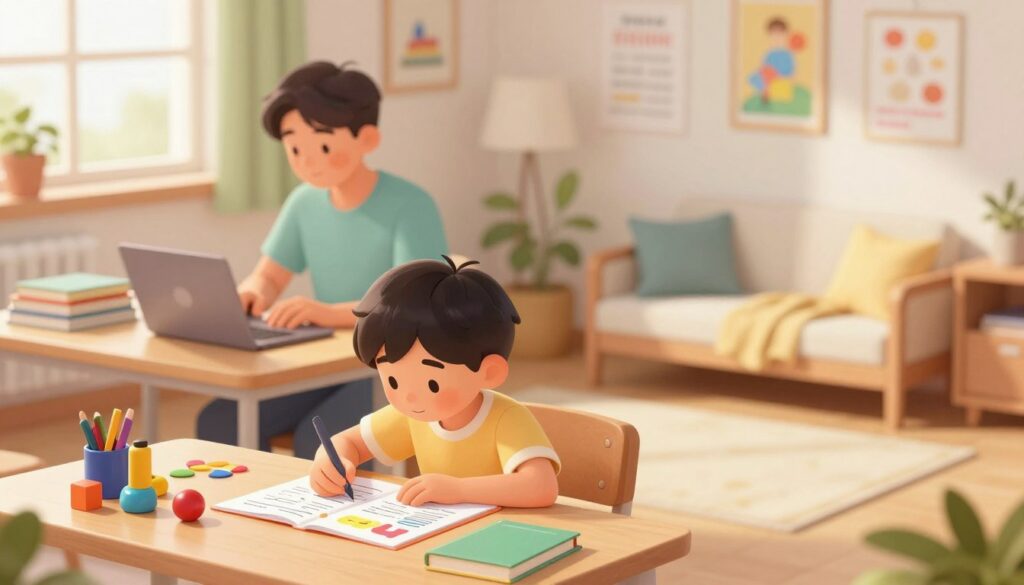 A serene and organized study environment showcasing three distinct age-specific homework strategies. In the foreground, a confident young child, around 6 years old, sits at a small desk with colorful learning materials, focused on a vibrant worksheet, surrounded by educational toys. In the middle, a teenager, about 15 years old, works on a laptop while using a planner, exuding concentration and ambition, with textbooks stacked neatly beside them. The background features a calming, well-lit room with motivational posters and a cozy reading nook, emphasizing a nurturing atmosphere. Soft, natural light filters through the window, creating a warm glow. The overall mood is supportive, encouraging, and peaceful, aiming to reflect the adaptability of homework methods for different age groups.