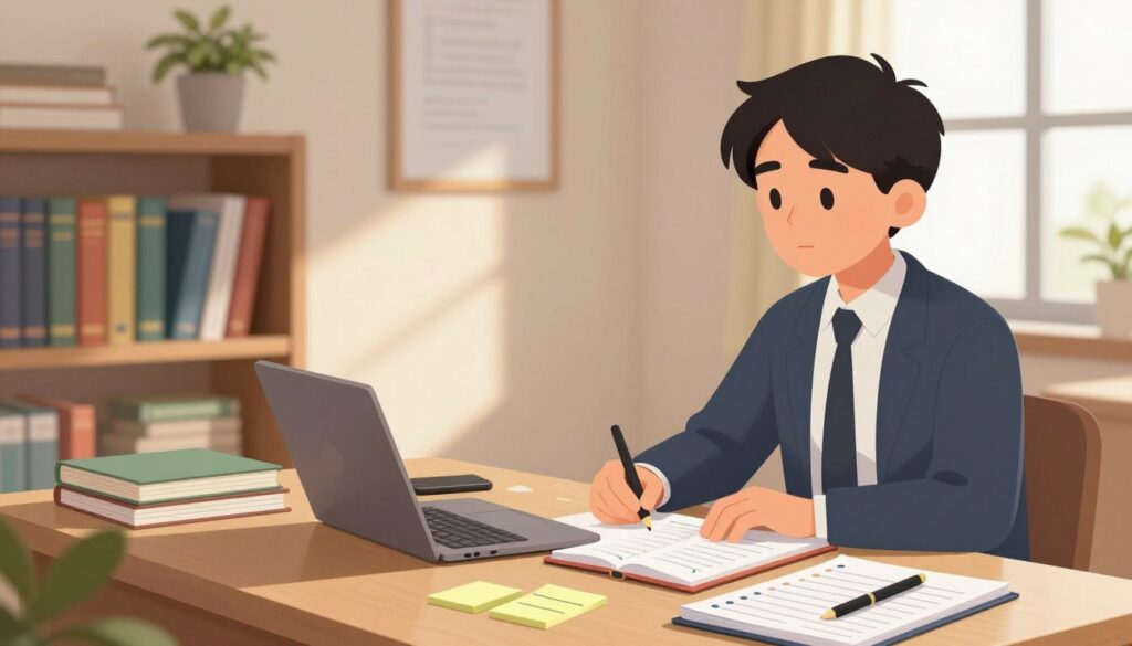 A serene and organized study space for a "weekly review process," featuring a student wearing professional casual attire, sitting at a desk covered with notebooks, a laptop, and a planner. In the foreground, a focused expression on the student's face reflects concentration and determination. The middle section includes warm lighting illuminating the desk, highlighting organized materials like sticky notes and a pen. The background shows a neatly arranged bookshelf filled with academic books and a potted plant for a touch of life. A large window allows natural light to flood the room, enhancing a calm and productive atmosphere. The image conveys motivation and clarity, ideal for illustrating the theme of overcoming obstacles in a weekly review routine.