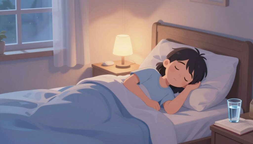 A serene bedroom scene showcasing healthy sleep habits. In the foreground, a neatly made bed with soft, inviting bedding in soothing colors, and plenty of plush pillows. A bedside table holds a glass of water and an open book, hinting at a calming bedtime routine. In the middle ground, a young adult in comfortable, modest sleepwear peacefully sleeps, surrounded by low light from a soft bedside lamp, creating a warm atmosphere. The background features a window with sheer curtains that gently flutter in a night breeze, casting subtle shadows. The overall mood is tranquil and restful, emphasizing the importance of prioritizing sleep with a focus on relaxation and well-being. Warm lighting and a slight depth of field enhance the peaceful ambiance.