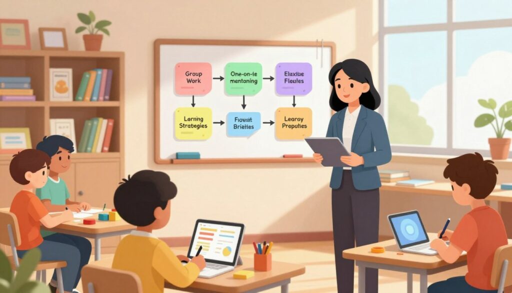 A serene classroom environment that embodies the key principles of differentiation in education. In the foreground, a teacher in professional attire engages with diverse students, each working on tailored activities — one with visual aids, another with hands-on materials, and a third using technology. In the middle, a whiteboard displays colorful charts illustrating various learning strategies like group work, one-on-one mentoring, and flexible assessments. The background includes shelves filled with educational resources and a large window allowing natural light to flood in, creating a warm, inviting atmosphere. The lighting is bright yet soft, giving an uplifting feel to the scene, highlighting collaboration and inclusivity in the learning process. The image should evoke a sense of innovation and adaptability in teaching methods. A serene classroom environment that embodies the key principles of differentiation in education. In the foreground, a teacher in professional attire engages with diverse students, each working on tailored activities — one with visual aids, another with hands-on materials, and a third using technology. In the middle, a whiteboard displays colorful charts illustrating various learning strategies like group work, one-on-one mentoring, and flexible assessments. The background includes shelves filled with educational resources and a large window allowing natural light to flood in, creating a warm, inviting atmosphere. The lighting is bright yet soft, giving an uplifting feel to the scene, highlighting collaboration and inclusivity in the learning process. The image should evoke a sense of innovation and adaptability in teaching methods.