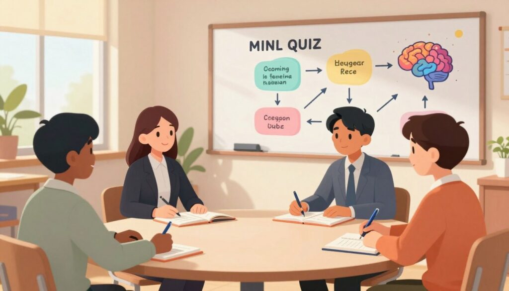 A serene classroom setting showcasing cognitive science learning. In the foreground, a diverse group of four students—two men and two women dressed in professional business attire—are engaged in a mini-quiz at a round table filled with notebooks and pens. The middle ground features a whiteboard covered with colorful diagrams illustrating cognitive processes, such as memory retention and recall strategies, with vibrant visuals. In the background, soft natural light filters through large windows, creating a warm, inviting atmosphere with plants enhancing the tranquility. The angle is slightly elevated, capturing the focused expressions of the students while emphasizing their collaborative spirit. The mood reflects curiosity and engagement, perfect for illustrating the essence of mini-quiz learning in cognitive science.