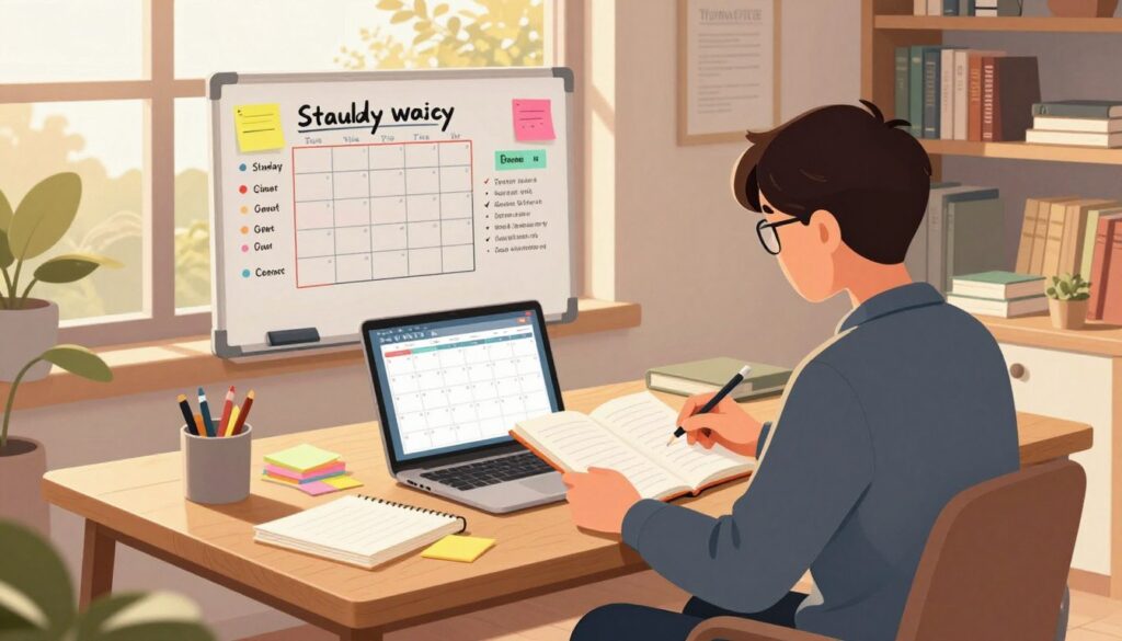 A serene home office environment during the golden hour, with warm, soft lighting filtering through large windows. In the foreground, a person in smart casual attire is seated at a wooden desk, reviewing notes and adjusting their study planner, surrounded by colorful sticky notes and a laptop displaying a digital calendar. The middle layer includes a whiteboard filled with colorful markers, depicting a study schedule and goals. In the background, a bookshelf filled with textbooks and inspirational quotes creates an organized yet inviting atmosphere. The mood is reflective and focused, emphasizing productivity and daily adjustments in a study routine, with an emphasis on clarity and balance in the workspace. The angle is slightly elevated, capturing the entire scene in a clear, engaging perspective.