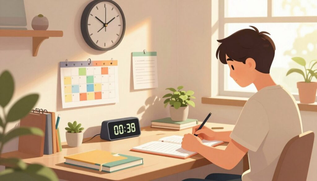A serene home study environment, featuring a well-organized desk with study materials, notebooks, and a digital timer illustrating personalized study routine intervals. In the foreground, a young adult in modest casual clothing is focused on their work, highlighting a relaxed yet productive atmosphere. The middle of the scene showcases a wall clock and a colorful planner or calendar with marked study blocks. In the background, soft natural light streams in from a window, creating a warm and inviting glow, while plants add a touch of freshness. The overall mood is motivational, emphasizing balance between focused study sessions and leisure time. The composition is shot at a slight angle, enhancing depth and inviting viewers to engage with the study space. A serene home study environment, featuring a well-organized desk with study materials, notebooks, and a digital timer illustrating personalized study routine intervals. In the foreground, a young adult in modest casual clothing is focused on their work, highlighting a relaxed yet productive atmosphere. The middle of the scene showcases a wall clock and a colorful planner or calendar with marked study blocks. In the background, soft natural light streams in from a window, creating a warm and inviting glow, while plants add a touch of freshness. The overall mood is motivational, emphasizing balance between focused study sessions and leisure time. The composition is shot at a slight angle, enhancing depth and inviting viewers to engage with the study space.