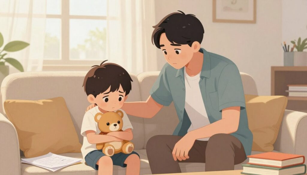 A serene living room setting that subtly depicts child stress at home. In the foreground, a young child with a worried expression sits on a cozy sofa, clutching a plush toy, with scattered schoolwork around. Their toy appears comforting, signifying a need for security. In the middle, a parent is gently leaning towards the child, wearing casual, modest clothing, conveying concern while maintaining a calm demeanor. In the background, soft daylight filters through sheer curtains, creating a warm, inviting atmosphere, yet the clutter of school supplies and books hints at overwhelming pressures. The overall mood is a mix of concern and warmth, emphasizing the importance of recognizing stress in a safe, supportive environment. A serene living room setting that subtly depicts child stress at home. In the foreground, a young child with a worried expression sits on a cozy sofa, clutching a plush toy, with scattered schoolwork around. Their toy appears comforting, signifying a need for security. In the middle, a parent is gently leaning towards the child, wearing casual, modest clothing, conveying concern while maintaining a calm demeanor. In the background, soft daylight filters through sheer curtains, creating a warm, inviting atmosphere, yet the clutter of school supplies and books hints at overwhelming pressures. The overall mood is a mix of concern and warmth, emphasizing the importance of recognizing stress in a safe, supportive environment.