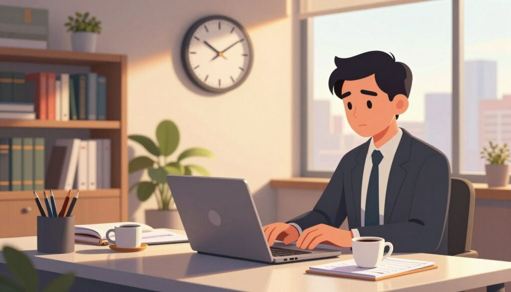 A serene office environment during golden hour, bathed in warm, natural light, symbolizing effective time management. In the foreground, a sleek desk with a laptop open, surrounded by neatly organized stationery, a planner with time-blocking, and a coffee cup for focus. A person in professional business attire, focused and typing with intention, their expression calm yet determined, depicting productivity. In the middle, a wall clock emphasizes the passage of time, underscoring urgency but with a sense of control. The background features a bookshelf filled with reference materials, a plant for a touch of nature, and a window showcasing an inspiring view of the city skyline. The atmosphere is one of professionalism, motivation, and clarity, inviting viewers to embrace time management for improved writing. A serene office environment during golden hour, bathed in warm, natural light, symbolizing effective time management. In the foreground, a sleek desk with a laptop open, surrounded by neatly organized stationery, a planner with time-blocking, and a coffee cup for focus. A person in professional business attire, focused and typing with intention, their expression calm yet determined, depicting productivity. In the middle, a wall clock emphasizes the passage of time, underscoring urgency but with a sense of control. The background features a bookshelf filled with reference materials, a plant for a touch of nature, and a window showcasing an inspiring view of the city skyline. The atmosphere is one of professionalism, motivation, and clarity, inviting viewers to embrace time management for improved writing.