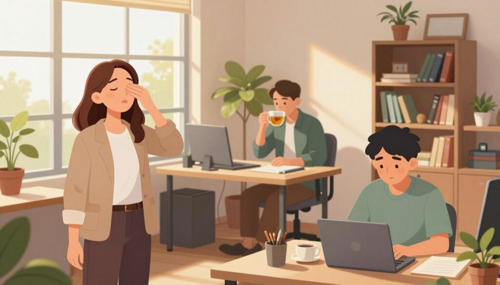 A serene office environment where a diverse group of professionals are engaging in various stress reduction techniques. In the foreground, a woman in smart casual attire is practicing deep breathing by a large window, sunlight streaming in, creating a warm and inviting atmosphere. In the middle, a man is seated at a desk, organizing his workspace while sipping herbal tea, portraying focus and calm. The background features a cozy corner with potted plants and a bookshelf filled with self-help books, enhancing the peaceful ambiance. Soft, natural lighting highlights the tranquil scene, captured from a slightly angled perspective that showcases both the individuals and their stress-reducing activities. The mood is relaxed and motivational, encouraging viewers to adopt these techniques.