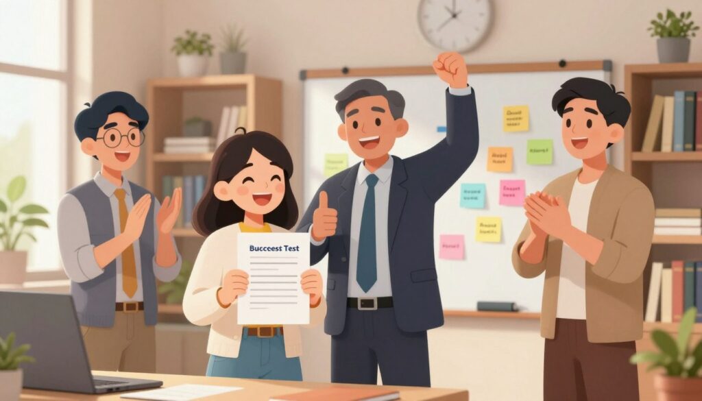 A serene office setting, showcasing a diverse group of three individuals celebrating a small win together. In the foreground, a young woman in smart casual attire is smiling widely, holding up a single piece of paper symbolizing her successful test preparation. Beside her, a middle-aged man in a suit gives a thumbs up, while a young man in business casual attire claps enthusiastically. In the middle ground, a whiteboard is filled with colorful sticky notes and motivational phrases highlighting achievements. The background showcases shelves filled with books and plants, creating a warm atmosphere. Soft, natural lighting streams in through a window, enhancing the feeling of positivity and success, all captured with a slight focus on the subjects, conveying a sense of achievement and confidence-building. A serene office setting, showcasing a diverse group of three individuals celebrating a small win together. In the foreground, a young woman in smart casual attire is smiling widely, holding up a single piece of paper symbolizing her successful test preparation. Beside her, a middle-aged man in a suit gives a thumbs up, while a young man in business casual attire claps enthusiastically. In the middle ground, a whiteboard is filled with colorful sticky notes and motivational phrases highlighting achievements. The background showcases shelves filled with books and plants, creating a warm atmosphere. Soft, natural lighting streams in through a window, enhancing the feeling of positivity and success, all captured with a slight focus on the subjects, conveying a sense of achievement and confidence-building.