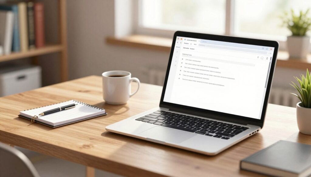 A serene office setting with a polished wooden desk in the foreground, featuring a neatly arranged laptop open to an email response draft. The screen displays calm, structured text with bullet points. On the desk, a stylish notepad with a pen is placed, and a coffee mug rests beside a small plant. In the middle ground, a soft, natural light streams through a window, creating a warm, inviting atmosphere. The background shows shelves lined with books and a subtle hint of green from potted plants. The mood conveys focus and clarity, with an emphasis on professionalism and calmness. The image should be photographed from a slightly elevated angle, enhancing the sense of organization and tranquility within the workspace. A serene office setting with a polished wooden desk in the foreground, featuring a neatly arranged laptop open to an email response draft. The screen displays calm, structured text with bullet points. On the desk, a stylish notepad with a pen is placed, and a coffee mug rests beside a small plant. In the middle ground, a soft, natural light streams through a window, creating a warm, inviting atmosphere. The background shows shelves lined with books and a subtle hint of green from potted plants. The mood conveys focus and clarity, with an emphasis on professionalism and calmness. The image should be photographed from a slightly elevated angle, enhancing the sense of organization and tranquility within the workspace.