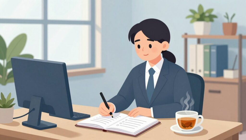 A serene office space illustrating "anxiety action steps." In the foreground, a neatly arranged desk with a motivational notebook open, displaying a simple action plan with bullet points, alongside a steaming cup of herbal tea. In the middle, a focused individual in professional attire, jotting down ideas, their expression peaceful yet determined. Surrounding them, a soothing color palette with calming blues and greens, complemented by soft, natural lighting filtering through a large window. In the background, a minimalist, organized shelf with green plants and inspirational books, creating a tranquil atmosphere. The overall mood conveys a sense of productivity, determination, and clarity, inviting viewers to embrace actionable steps against anxiety.