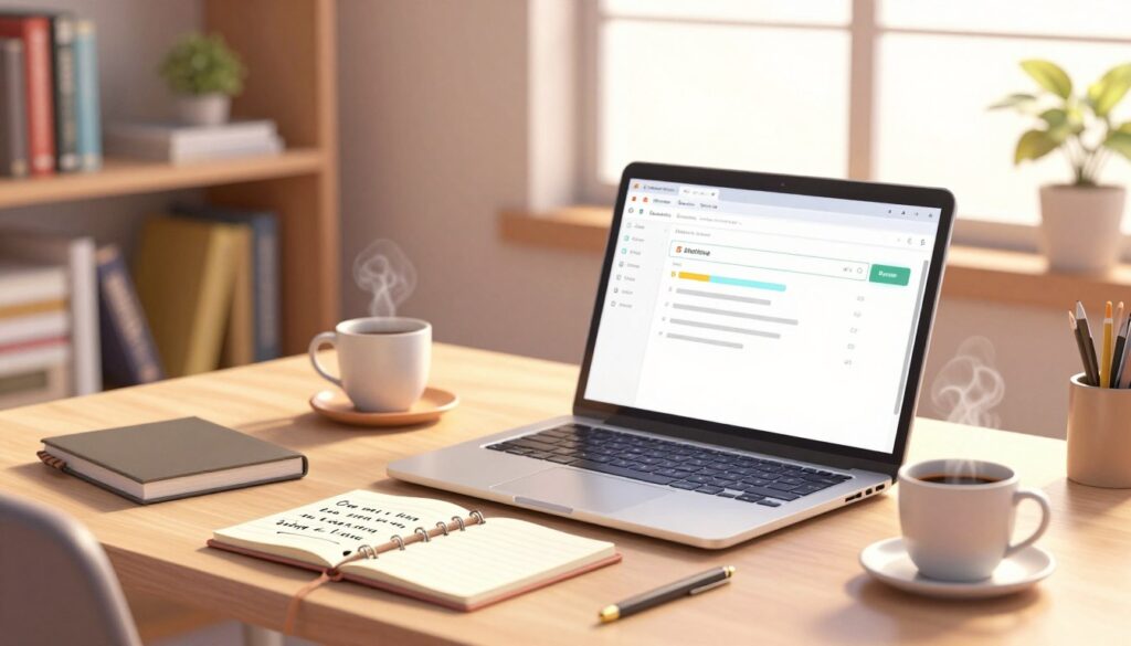 A serene office workspace showcasing a stylish, modern desk with a laptop open, displaying a colorful email draft. In the foreground, a notepad with hand-written notes about crafting engaging subject lines rests beside a steaming cup of coffee. The middle ground features a soft-focus bookshelf filled with motivation and business books. In the background, a large window lets in warm, golden daylight, casting gentle shadows across the room, creating a cozy yet professional atmosphere. The overall mood is inviting and inspiring, encouraging creativity and thoughtful communication, with a focus on the art of writing in a way that feels personal and genuine. A serene office workspace showcasing a stylish, modern desk with a laptop open, displaying a colorful email draft. In the foreground, a notepad with hand-written notes about crafting engaging subject lines rests beside a steaming cup of coffee. The middle ground features a soft-focus bookshelf filled with motivation and business books. In the background, a large window lets in warm, golden daylight, casting gentle shadows across the room, creating a cozy yet professional atmosphere. The overall mood is inviting and inspiring, encouraging creativity and thoughtful communication, with a focus on the art of writing in a way that feels personal and genuine.