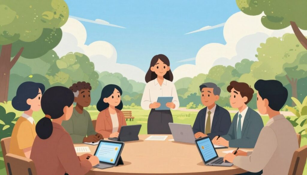 A serene outdoor setting depicting a diverse group of parents and teachers engaged in a thoughtful discussion around a table, with educational materials and digital devices like tablets and laptops in the foreground. In the middle ground, trees and a park bench contribute to a calm atmosphere, indicating collaboration and unity. The background features a bright blue sky with soft, fluffy clouds, symbolizing openness and clarity. Natural lighting cascades gently across the scene, creating a warm, inviting mood. The individuals are dressed in professional business attire, fostering a sense of trust and respect. The overall composition should evoke feelings of connection and effective communication, while avoiding any overwhelming distractions. A serene outdoor setting depicting a diverse group of parents and teachers engaged in a thoughtful discussion around a table, with educational materials and digital devices like tablets and laptops in the foreground. In the middle ground, trees and a park bench contribute to a calm atmosphere, indicating collaboration and unity. The background features a bright blue sky with soft, fluffy clouds, symbolizing openness and clarity. Natural lighting cascades gently across the scene, creating a warm, inviting mood. The individuals are dressed in professional business attire, fostering a sense of trust and respect. The overall composition should evoke feelings of connection and effective communication, while avoiding any overwhelming distractions.