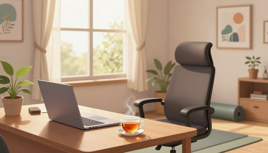 A serene remote workspace designed for mindfulness and deep work. In the foreground, a neatly organized desk with a laptop, a steaming cup of herbal tea, and a potted plant, all reflecting a calming, zen-like atmosphere. The middle features a comfortable ergonomic chair and a yoga mat neatly rolled up, suggesting a space for meditation. The background is softly illuminated by natural light streaming through a large window, framed by sheer curtains, creating a warm, inviting glow. Wall art depicts abstract designs and nature scenes, enhancing creativity. The overall mood is tranquil and inspiring, promoting a sense of focus and clarity, ideal for boosting productivity while programming. The scene is devoid of any people, emphasizing the peacefulness of the space.