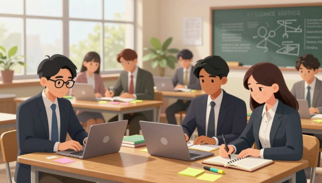 A serene study environment featuring a diverse group of students, all dressed in professional business attire, collaborating on a study project. In the foreground, a student with glasses is focused on a laptop, while another takes notes in a neatly organized notebook. In the middle ground, a cozy wooden table is adorned with textbooks, highlighters, and sticky notes, showcasing various study techniques. The background reveals a sunlit room with large windows, plants, and an inspiring chalkboard filled with study strategies and diagrams. Soft natural lighting filters through, creating a warm, inviting atmosphere that emphasizes productivity and focus. The image should be clear and well-composed, with a slight depth of field effect to enhance the foreground subjects.