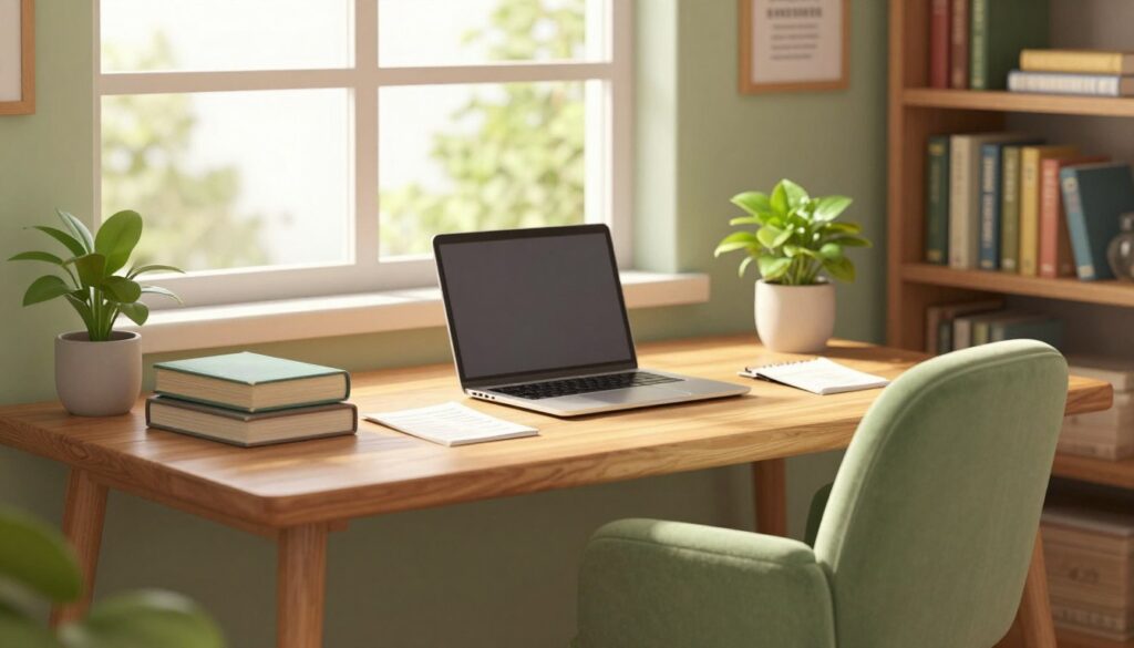 A serene study environment featuring a well-organized wooden desk clutter-free, adorned with a few essential books and a sleek laptop open, with notes neatly arranged. In the foreground, a cozy, plush chair invites focus, positioned next to a small, stylish indoor plant. In the middle, warm, natural light streams through a large window, casting soft shadows and creating an inviting, peaceful atmosphere. Shelves lined with books and inspirational quotes can be seen in the background, enhancing the scholarly vibe. The overall mood is calm and motivating, ideal for productive study sessions. Incorporate a soft color palette of greens and browns to evoke tranquility, with a slight depth of field effect to draw attention to the desk area, and a cozy, intimate angle that emphasizes focus and clarity.