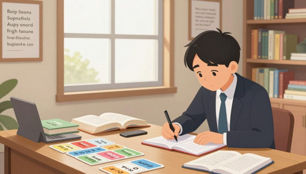 A serene study environment featuring a wooden desk cluttered with diverse language learning materials, such as colorful vocabulary flashcards and open textbooks. In the foreground, a person of Asian descent, dressed in professional business attire, is seated, thoughtfully writing notes in a notebook, with a light expression of curiosity. In the middle, a large window allows soft, natural light to illuminate the room, creating a warm and inviting atmosphere. On the walls, there are motivational language quotes in various languages framed beautifully. In the background, a bookshelf filled with language resources adds depth to the scene, conveying a sense of dedication and focus on learning through context. The overall mood is inspiring and tranquil, emphasizing the joy of discovering vocabulary naturally.