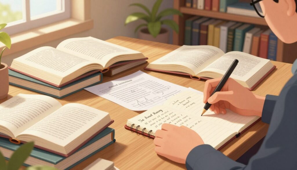 A serene study environment featuring a wooden desk piled with open books on critical reading techniques, illuminated by warm, soft natural light filtering through a nearby window. In the foreground, a pair of hands in smart-casual attire notes down important points in a notebook. In the middle, various reading materials, including academic texts and analysis sheets, create a sense of focus and engagement. The background shows bookshelves filled with literature and a plant adding a touch of greenery. The lens captures the scene from a slightly elevated angle, emphasizing the detailed textures of the books and the vibrant atmosphere of learning. The overall mood is inspiring and intellectually stimulating, encouraging deeper understanding and analysis.