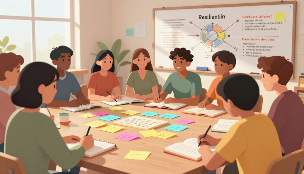 A serene study environment focused on a diverse group of students sitting around a large table, engaged in discussions and sharing ideas. In the foreground, a student is smiling while writing in a notebook, symbolizing reflection and planning. The middle ground features colorful sticky notes and open books scattered across the table, illustrating strategies and resources. In the background, a whiteboard filled with motivational phrases and diagrams showcases resilience-building techniques. Soft, natural light streams through a window, casting gentle shadows, creating a warm, encouraging atmosphere. The overall mood is one of collaboration, determination, and positivity, capturing the essence of overcoming academic setbacks and fostering resilience. A serene study environment focused on a diverse group of students sitting around a large table, engaged in discussions and sharing ideas. In the foreground, a student is smiling while writing in a notebook, symbolizing reflection and planning. The middle ground features colorful sticky notes and open books scattered across the table, illustrating strategies and resources. In the background, a whiteboard filled with motivational phrases and diagrams showcases resilience-building techniques. Soft, natural light streams through a window, casting gentle shadows, creating a warm, encouraging atmosphere. The overall mood is one of collaboration, determination, and positivity, capturing the essence of overcoming academic setbacks and fostering resilience.