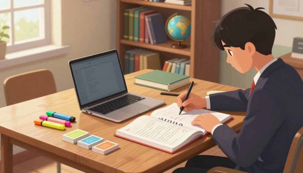 A serene study environment showcasing a large wooden desk adorned with an open, beautifully organized study guide. On the desk, colorful highlighters, neatly stacked index cards, and a sleek laptop are strategically placed. In the background, a well-stocked bookshelf filled with reference books and a globe adds an educational touch. Soft natural light filters in through a nearby window, casting a warm glow across the scene. A focused student in professional attire, deep in thought, is seated at the desk, actively highlighting important points in a notebook. The atmosphere exudes calmness and productivity, encouraging advanced study techniques for effective learning. The camera angle is slightly elevated, capturing both the desk and the student’s engaged expression.