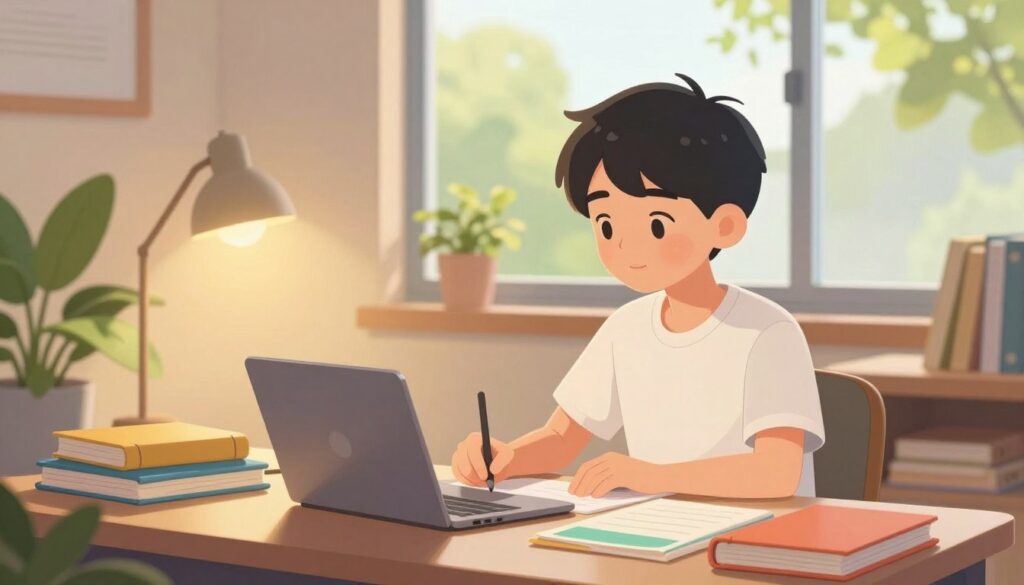 A serene study environment showcasing a teenager deeply engaged in their studies while maintaining a sense of well-being. In the foreground, the teen, dressed in casual, comfortable clothing, sits at a cozy desk cluttered with colorful notebooks and a laptop. Their expression reflects focus and calm. The middle ground features plants and a warm, inviting lamp casting soft light, creating a peaceful atmosphere. The background shows a large window with sunlight streaming in, illuminating the space and hinting at a beautiful outdoor view with green trees. The overall mood is harmonious, highlighting the balance between productivity and relaxation, capturing a moment of fruitful study blended with tranquility. A serene study environment showcasing a teenager deeply engaged in their studies while maintaining a sense of well-being. In the foreground, the teen, dressed in casual, comfortable clothing, sits at a cozy desk cluttered with colorful notebooks and a laptop. Their expression reflects focus and calm. The middle ground features plants and a warm, inviting lamp casting soft light, creating a peaceful atmosphere. The background shows a large window with sunlight streaming in, illuminating the space and hinting at a beautiful outdoor view with green trees. The overall mood is harmonious, highlighting the balance between productivity and relaxation, capturing a moment of fruitful study blended with tranquility.