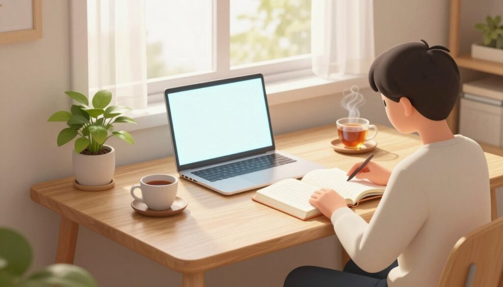 A serene study environment showcasing advanced study techniques and digital detox. In the foreground, a focused student in a smart casual outfit, seated at a minimalist wooden desk, engaging with a physical book and notebooks. The middle layer features a soft, glowing laptop closed, symbolizing a digital detox, alongside a fresh plant and a steaming cup of tea, promoting calmness. In the background, a sunlit window with gentle sheer curtains allows natural light to stream in, enhancing the atmosphere of productivity and relaxation. The setting is cozy and inviting, with warm, neutral color tones, and soft textures, suggesting a peaceful haven for concentration and learning. The angle captures the study space with a slight overhead view, emphasizing the organized desk and inviting ambiance.