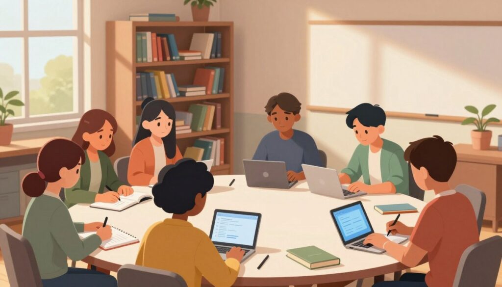 A serene study environment showcasing the concept of distributed practice in learning. In the foreground, a diverse group of students, dressed in smart casual attire, are engaged in focused study sessions at a round table, utilizing notebooks and digital devices. In the middle ground, an organized bookshelf filled with various educational books and learning resources reflects a sense of knowledge accumulation. The background features a large window allowing soft, natural light to filter in, casting gentle shadows and creating a warm atmosphere. The overall mood conveys tranquility and focus, emphasizing the effectiveness of spaced learning. Use a slightly elevated camera angle to capture the entire scene, ensuring a harmonious blend of elements that embody effortless learning. A serene study environment showcasing the concept of distributed practice in learning. In the foreground, a diverse group of students, dressed in smart casual attire, are engaged in focused study sessions at a round table, utilizing notebooks and digital devices. In the middle ground, an organized bookshelf filled with various educational books and learning resources reflects a sense of knowledge accumulation. The background features a large window allowing soft, natural light to filter in, casting gentle shadows and creating a warm atmosphere. The overall mood conveys tranquility and focus, emphasizing the effectiveness of spaced learning. Use a slightly elevated camera angle to capture the entire scene, ensuring a harmonious blend of elements that embody effortless learning.