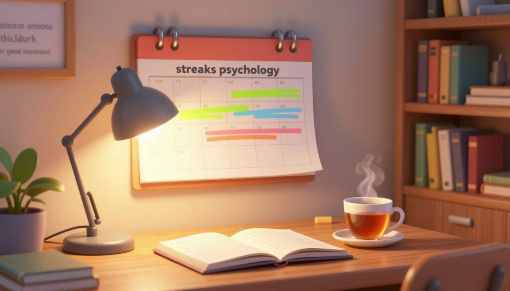A serene study environment symbolizing "streaks psychology" in learning, featuring a wooden desk with an open notebook, a steaming cup of tea, and a glowing desk lamp in the foreground. In the middle, a large calendar hangs on the wall, with bright colored streaks marking study days, representing consistency. A potted plant adds a touch of life to the space. The background shows a softly lit bookshelf filled with neatly organized books and motivational quotes framed on the wall, enhancing the atmosphere of focus. Use warm, inviting lighting to create a calming mood, capturing the essence of sustained effort and psychological balance in the learning process. The image should be captured from a slight angle, offering depth and dimension to the study space.