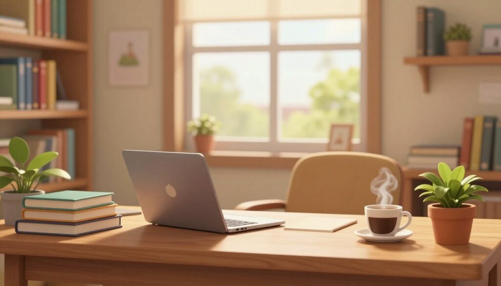A serene study environment with a wooden desk in the foreground, adorned with neatly stacked books, a laptop with an open screen, and a steaming cup of coffee. A potted plant adds a touch of green, enhancing the ambiance. In the middle ground, a comfortable chair invites focus, positioned near a large window that lets in soft, natural light, creating an inviting atmosphere. The walls are lined with bookshelves filled with an array of study materials and personal mementos. In the background, a subtle hint of outdoor greenery can be seen through the window, suggesting a peaceful view. The overall mood is calm and inspiring, perfect for fostering concentration and productivity. The lighting is warm and inviting, emphasizing a perfect study nook. A serene study environment with a wooden desk in the foreground, adorned with neatly stacked books, a laptop with an open screen, and a steaming cup of coffee. A potted plant adds a touch of green, enhancing the ambiance. In the middle ground, a comfortable chair invites focus, positioned near a large window that lets in soft, natural light, creating an inviting atmosphere. The walls are lined with bookshelves filled with an array of study materials and personal mementos. In the background, a subtle hint of outdoor greenery can be seen through the window, suggesting a peaceful view. The overall mood is calm and inspiring, perfect for fostering concentration and productivity. The lighting is warm and inviting, emphasizing a perfect study nook.