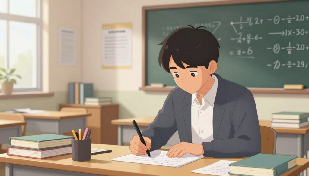 A serene study room filled with books and study materials, showcasing a person practicing confidently at a desk. In the foreground, a young adult of Asian descent, dressed in smart casual attire, repeatedly writing notes and solving problems, showcasing focus and determination. In the middle ground, a chalkboard filled with calculations and motivational posters emphasizing the importance of practice. In the background, soft natural light filters through a window, creating a warm and inviting atmosphere. The scene should convey a sense of calm and purpose, illustrating the quiet strength that comes from consistent, repetitive practice. Use a slight depth of field to emphasize the subject while softly blurring the background elements. A serene study room filled with books and study materials, showcasing a person practicing confidently at a desk. In the foreground, a young adult of Asian descent, dressed in smart casual attire, repeatedly writing notes and solving problems, showcasing focus and determination. In the middle ground, a chalkboard filled with calculations and motivational posters emphasizing the importance of practice. In the background, soft natural light filters through a window, creating a warm and inviting atmosphere. The scene should convey a sense of calm and purpose, illustrating the quiet strength that comes from consistent, repetitive practice. Use a slight depth of field to emphasize the subject while softly blurring the background elements.