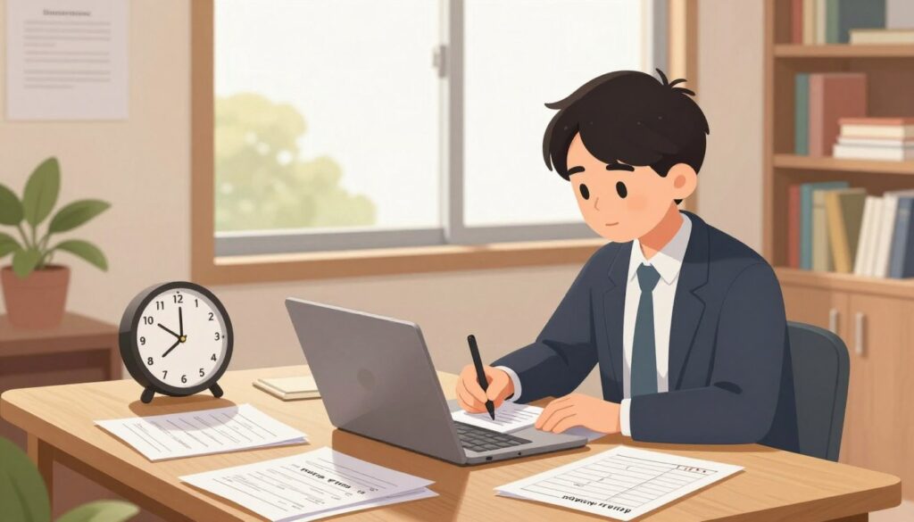 A serene study room where a young professional is focused on their work, surrounded by a collection of past exam papers and a planner. In the foreground, the person, dressed in smart casual attire, is seated at a wooden desk with a laptop open, jotting down notes. Beside them, a clock with clear visibility symbolizes time management. In the middle, a large window lets in warm natural light, casting soft shadows, enhancing the calm atmosphere. In the background, bookshelves filled with educational materials and a potted plant add an inviting touch. The mood is productive yet tranquil, emphasizing the effective use of time for learning and examination preparation.