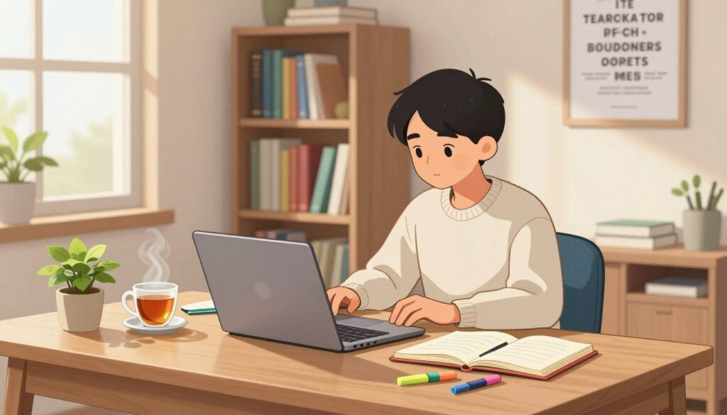 A serene study scene set in a bright, inviting home office. In the foreground, a wooden desk is neatly organized with open notebooks, colorful highlighters, and a laptop. A steaming cup of tea sits beside a small plant, adding a touch of greenery. In the middle, a focused student in casual yet professional attire, such as a tidy sweater and jeans, is engaged in studying, looking intently at the laptop screen, with soft natural light filtering in from a nearby window, casting gentle shadows. In the background, a bookshelf filled with academic books and a motivational poster on the wall create an atmosphere of encouragement and support. The overall mood is calm and productive, reflecting dedication and determination in a protected study environment. A serene study scene set in a bright, inviting home office. In the foreground, a wooden desk is neatly organized with open notebooks, colorful highlighters, and a laptop. A steaming cup of tea sits beside a small plant, adding a touch of greenery. In the middle, a focused student in casual yet professional attire, such as a tidy sweater and jeans, is engaged in studying, looking intently at the laptop screen, with soft natural light filtering in from a nearby window, casting gentle shadows. In the background, a bookshelf filled with academic books and a motivational poster on the wall create an atmosphere of encouragement and support. The overall mood is calm and productive, reflecting dedication and determination in a protected study environment.
