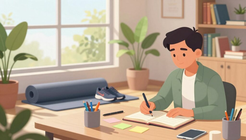 A serene workspace scene, brightly lit by morning sunlight streaming through a large window. In the foreground, a diverse professional, wearing smart casual attire, sits at a desk engaged in planning activities with a journal and planner open, surrounded by colorful pens and sticky notes. The middle ground features a yoga mat rolled out beside the desk, where a pair of running shoes rests, symbolizing physical activity as an integral part of the routine. The background includes lush green plants and book shelves filled with inspiring books. The atmosphere is calm and focused, inviting a sense of productivity and balance, with soft shadows and an overall warm color palette that enhances the feeling of motivation and tranquility. A serene workspace scene, brightly lit by morning sunlight streaming through a large window. In the foreground, a diverse professional, wearing smart casual attire, sits at a desk engaged in planning activities with a journal and planner open, surrounded by colorful pens and sticky notes. The middle ground features a yoga mat rolled out beside the desk, where a pair of running shoes rests, symbolizing physical activity as an integral part of the routine. The background includes lush green plants and book shelves filled with inspiring books. The atmosphere is calm and focused, inviting a sense of productivity and balance, with soft shadows and an overall warm color palette that enhances the feeling of motivation and tranquility.