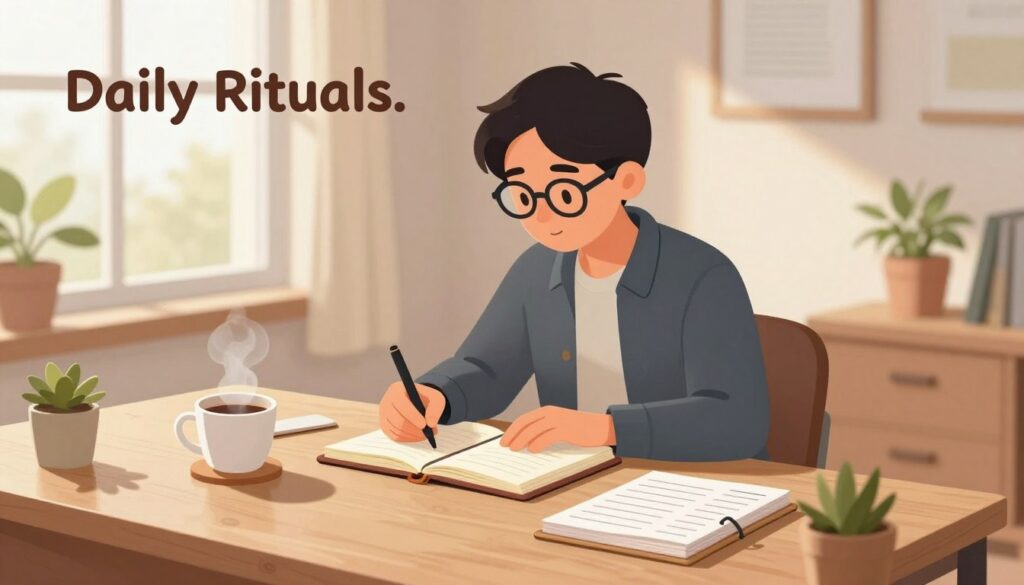 A serene workspace scene that embodies "Daily Rituals." In the foreground, a wooden desk is neatly organized with a journal, a steaming cup of coffee, and a stylish planner. In the middle, a person dressed in smart casual attire is writing in the journal, exuding focus and determination. The person has short hair and glasses, representing a modern and professional vibe. The background features a sunlit window with soft sheer curtains, allowing warm, natural light to flood the room, creating an inviting atmosphere. Potted plants add a touch of greenery, enhancing the feeling of tranquility and productivity. The overall mood is calm and inspiring, capturing the essence of daily routines that keep individuals grounded amid a busy week. A serene workspace scene that embodies "Daily Rituals." In the foreground, a wooden desk is neatly organized with a journal, a steaming cup of coffee, and a stylish planner. In the middle, a person dressed in smart casual attire is writing in the journal, exuding focus and determination. The person has short hair and glasses, representing a modern and professional vibe. The background features a sunlit window with soft sheer curtains, allowing warm, natural light to flood the room, creating an inviting atmosphere. Potted plants add a touch of greenery, enhancing the feeling of tranquility and productivity. The overall mood is calm and inspiring, capturing the essence of daily routines that keep individuals grounded amid a busy week.
