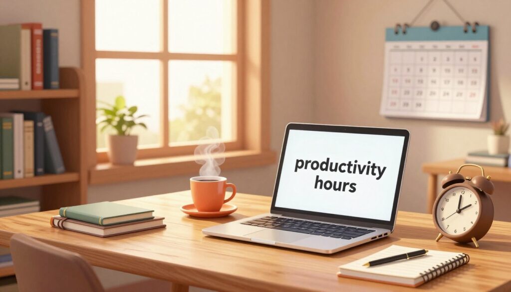 A serene workspace that embodies the concept of "productivity hours." In the foreground, a well-organized wooden desk with a sleek laptop open, scattered notebooks, and a stylish clock indicating that it’s mid-morning. A warm cup of coffee sits beside the laptop, radiating steam. In the middle ground, a large window lets in soft, golden sunlight that creates a cozy atmosphere, illuminating a small indoor plant. In the background, a bookshelf filled with motivational books and a calendar hanging on the wall, visually marking productive days. The overall mood is focused and motivational. The lighting is soft and inviting, perfect for a study environment, captured from an angle that allows for an expansive view of the workspace.