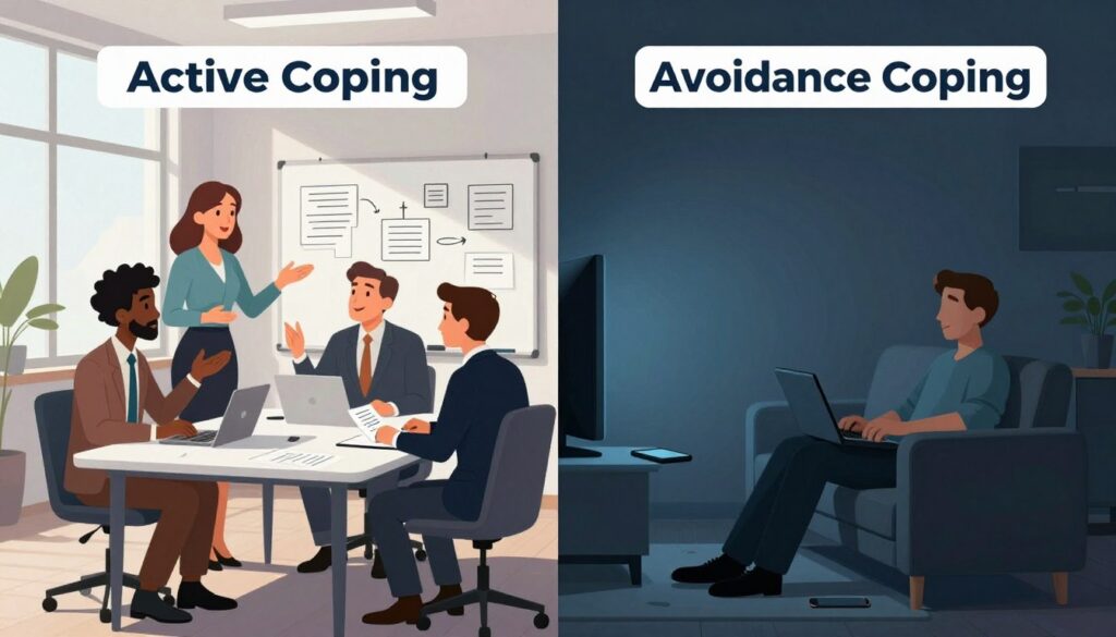 A split scene illustrating "Active Coping" on the left and "Avoidance Coping" on the right. On the left, a diverse group of three professionals, dressed in business attire, collaborates around a modern conference table filled with documents, laptops, and a whiteboard covered in notes. Bright, natural light floods the room, creating a sense of energy and focus. The individuals are actively discussing and gesturing with enthusiasm. On the right, a solitary figure sits in a dimly lit room, slumped on a couch, surrounded by distractions like a phone and television, exuding an air of disconnection and avoidance. The contrast in lighting reinforces the mood difference; the left is vibrant and engaging, while the right is shadowy and stagnant, highlighting the themes of proactive versus disengaged coping strategies.