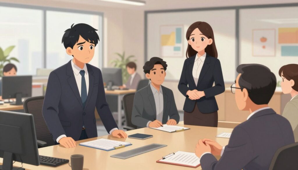 A split-scene visual illustrating mentorship impact, featuring two contrasting moments: on the left, a young professional in a neat business suit, looking uncertain and overwhelmed in an office environment. On the right, the same individual confidently leading a meeting, surrounded by supportive colleagues. The foreground shows a mentor, an experienced individual in professional attire, engaged in a thoughtful discussion with the mentee, highlighting collaboration. The middle ground displays office elements like a polished desk, notepads, and digital devices, indicating a dynamic work environment. The background reveals a bright, modern office with large windows and motivational artwork. Soft, warm lighting enhances the welcoming atmosphere, evoking feelings of growth and aspiration. The angle captures both scenes evenly, creating a balanced narrative of transformation.