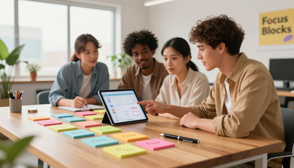 A step-by-step implementation guide for "Focus Blocks" depicted in a professional and engaging manner. In the foreground, a polished wooden table features neatly arranged, color-coded sticky notes symbolizing different Focus Blocks, along with a stylish pen and a digital tablet displaying a productivity app interface. The middle ground comprises a diverse group of three individuals in business casual attire, focused on discussing a plan, with one person pointing at the tablet. The background reveals a bright, modern office space with large windows allowing natural light to flood in, plants strategically placed to enhance the atmosphere, and motivational posters on the walls. The scene conveys an energetic and productive mood, emphasizing collaboration and effective time management. Use a soft-focus lens effect to keep the attention on the foreground elements. A step-by-step implementation guide for "Focus Blocks" depicted in a professional and engaging manner. In the foreground, a polished wooden table features neatly arranged, color-coded sticky notes symbolizing different Focus Blocks, along with a stylish pen and a digital tablet displaying a productivity app interface. The middle ground comprises a diverse group of three individuals in business casual attire, focused on discussing a plan, with one person pointing at the tablet. The background reveals a bright, modern office space with large windows allowing natural light to flood in, plants strategically placed to enhance the atmosphere, and motivational posters on the walls. The scene conveys an energetic and productive mood, emphasizing collaboration and effective time management. Use a soft-focus lens effect to keep the attention on the foreground elements.