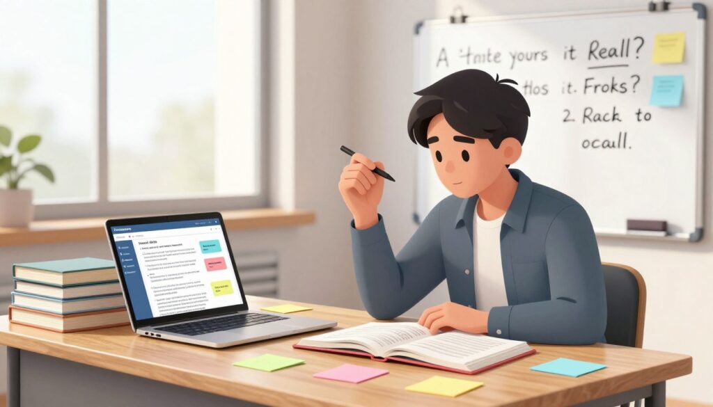 A student in a modern study environment, actively engaging in recall exercises. In the foreground, the student, a young adult wearing smart casual attire, is sitting at a sleek wooden desk covered with open textbooks and colorful sticky notes. Their focused expression shows concentration as they are writing notes or quizzing themselves on a question written on a whiteboard. In the middle, stacks of books and a laptop display a study application highlighting key concepts. The background features a large window allowing soft, natural light to filter in, creating an inviting and focused atmosphere. The overall mood is one of determination and academic exploration, emphasizing the dynamic nature of active recall in the learning process.