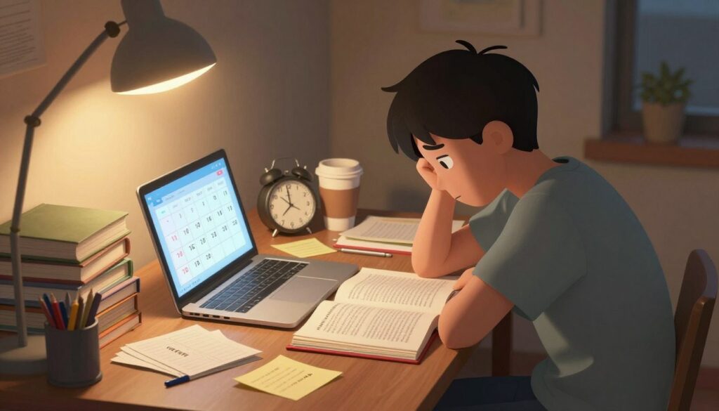 A student sits at a cluttered desk, surrounded by open textbooks, scattered notes, and a laptop displaying a calendar filled with deadlines. The student, dressed in modest casual clothing, rests their head on one hand, clearly stressed and overwhelmed. In the middle ground, empty coffee cups and a ticking clock emphasize the pressure of time management. The background reveals dim lighting with a warm lamp casting a soft glow, creating a contrast between the cozy atmosphere and the anxiety felt by the student. Shadows loom subtly, highlighting the tension in the scene. The overall mood reflects the strain of exam preparation, capturing the essence of "exam stress" while underscoring the importance of physical wellbeing amidst academic challenges. A student sits at a cluttered desk, surrounded by open textbooks, scattered notes, and a laptop displaying a calendar filled with deadlines. The student, dressed in modest casual clothing, rests their head on one hand, clearly stressed and overwhelmed. In the middle ground, empty coffee cups and a ticking clock emphasize the pressure of time management. The background reveals dim lighting with a warm lamp casting a soft glow, creating a contrast between the cozy atmosphere and the anxiety felt by the student. Shadows loom subtly, highlighting the tension in the scene. The overall mood reflects the strain of exam preparation, capturing the essence of "exam stress" while underscoring the importance of physical wellbeing amidst academic challenges.